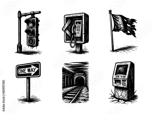 Abandoned city vintage style engraving icons, post apocalypse street set