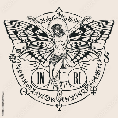 Hand drawn crucifixion of Jesus Christ with alchemical and masonic symbols and dragonfly wings. Vector retro banner on religious theme with encrypted signs written in a circle. T-shirt design. Tattoo.