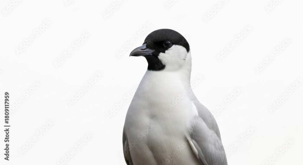 Fototapeta premium Single bird white body, dark head, beak. Isolated on clean, white background