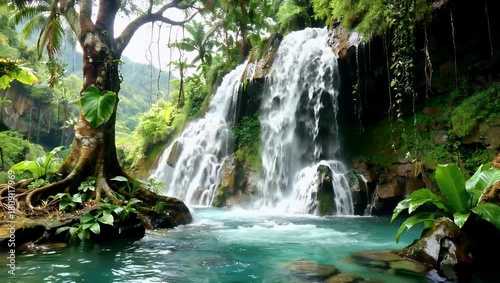 Lush tropical waterfall cascading into turquoise pool amid green jungle foliage and sunlight