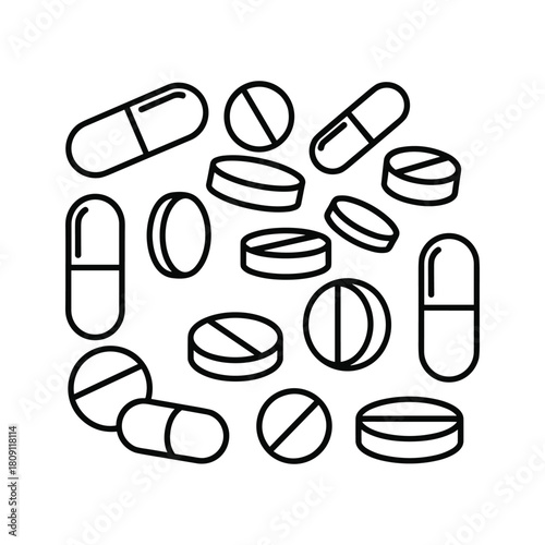 Collection of various pills and capsules icon for medicine and healthcare