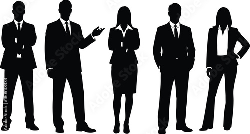 Silhouette illustration of five business professionals, three men and two women, in formal attire, standing in various poses.