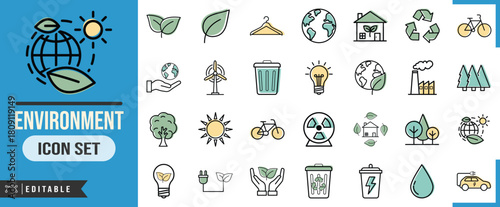 Environment icon set featuring ecofriendly symbols for sustainability and nature conservation, vector illustration