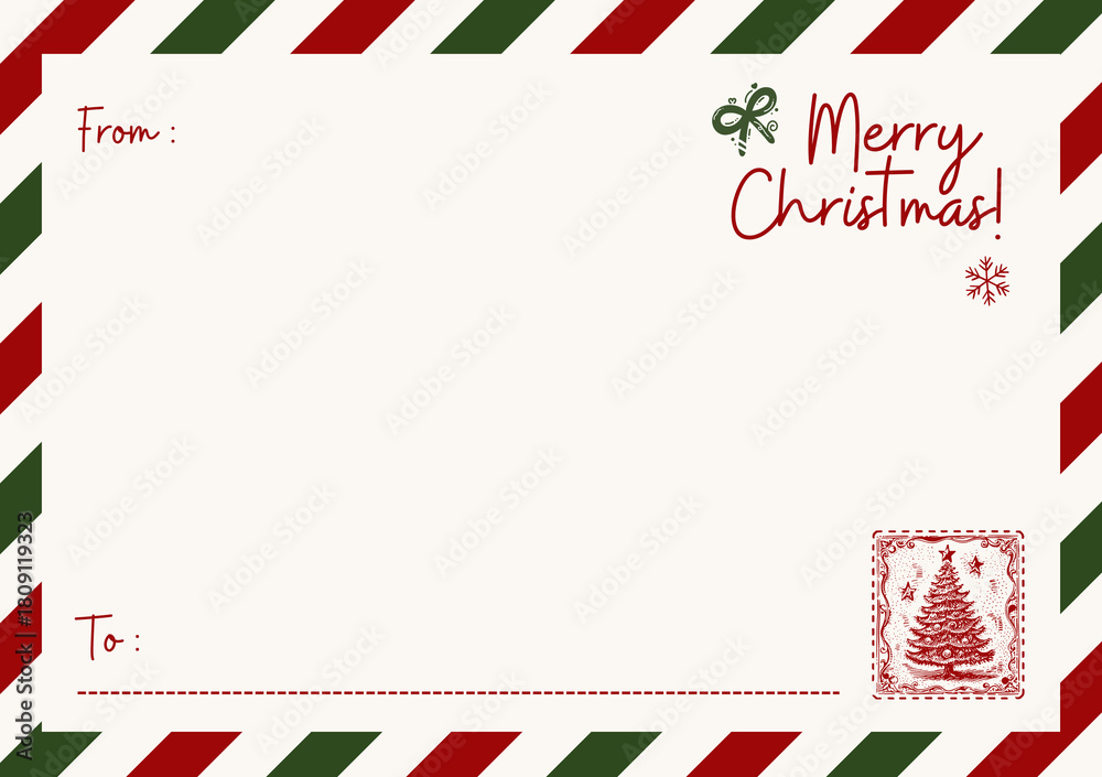 Fototapeta premium Merry christmas greeting card with mail concept and stamp