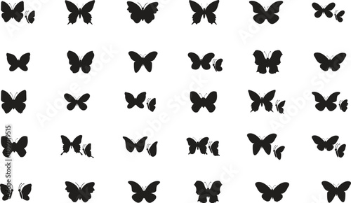 Collection of butterfly silhouettes in a grid pattern on white