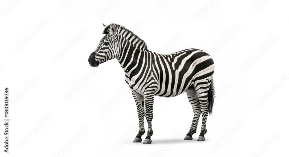 Fototapeta premium Standing zebra, black and white stripes, facing left, isolated on white