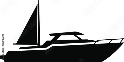 Silhouette of a sailboat with a cabin, featuring a triangular sail and a sleek, modern design against a white background.