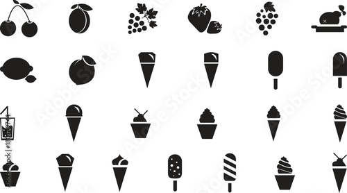 Collection of various fruit and ice cream icons in black
