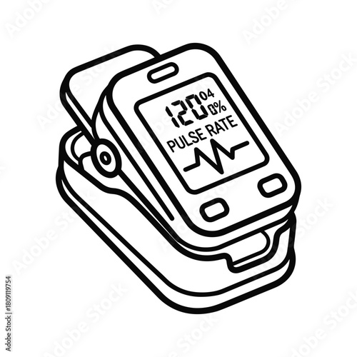 Line art of a pulse oximeter showing oxygen saturation and pulse rate