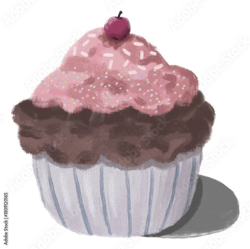 Red Berry Cherry Cupcake Drawn with Pastel Crayon