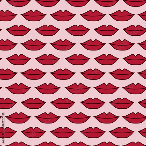 Vector seamless pattern with red lips on pink background