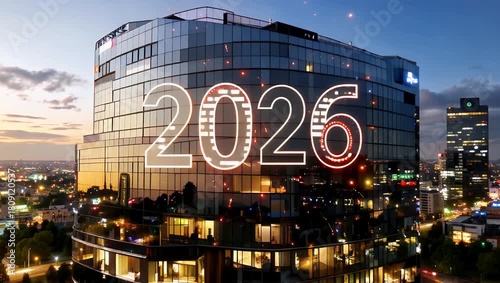 Modern glass high rise illuminated with large 2026 projection and fireworks at dusk
