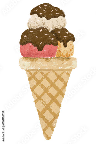 Three-flavored ice cream cone Drawn with Pastel Crayon
