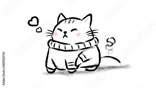 A cute cartoon cat wearing a sweater and thinking about love, drawn in simple black lines.