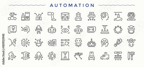 Automation icon pack. Includes symbols for process, engineering, tech, ai and more. Innovation icon set. Outline symbol collection. Art and illustration.