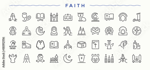 Faith related icon set. Religion line icon set. It contains symbols to christian, christian religion, religion, spirit, prayer and more. Vector collections.