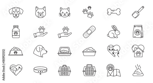 Pet care icon set outline vector illustration for veterinary clinic isolated on white background