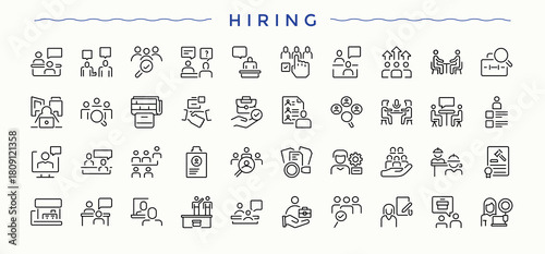 Set of Hiring line icon. Pictograms of job, head, hunting, recruiting, professional and more. Modern linear icons. Job icon set. Vector illustration. Pixel perfect.