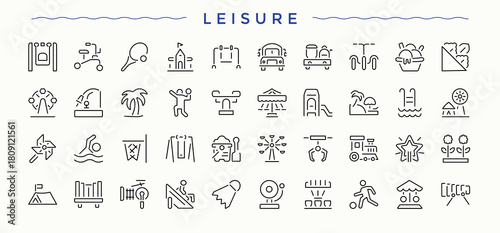 Leisure linear icon collection. Modern linear icons. Vacation icon set. Pack of celebration, travel, vacation, relaxation, calendar, christmas and more.
