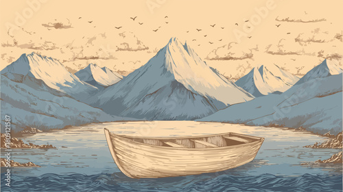 Serene Boat Floating on Water with Majestic Mountain View