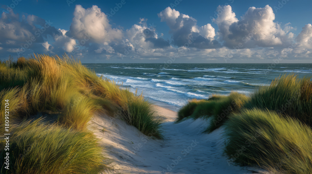 Naklejka premium Krajobraz wydm i morskich fal – malownicze polskie wybrzeże o zachodzie słońca