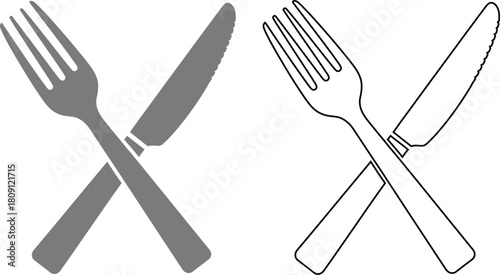 Two crossed sets of silverware, one solid gray and one outlined, representing a fork and knife.