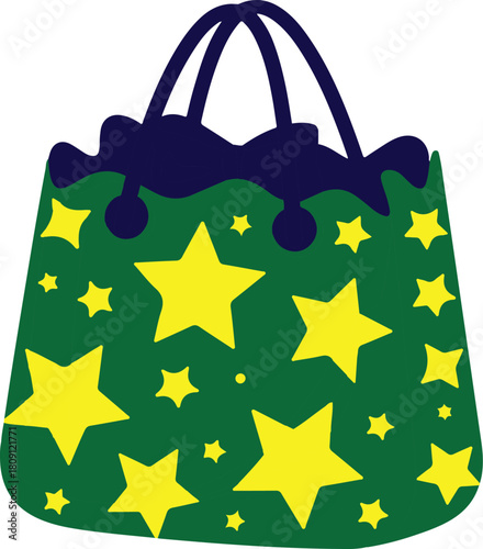 Green tote bag with yellow stars and navy blue handles vector.