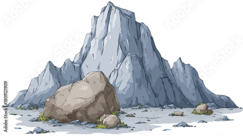 Scenic Cartoon Mountain Landscape with Rock Foreground Drawing