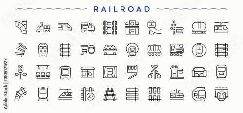 Railroad linear icon set. Vehicle sign and symbol. Set of line pictogram. Transport icon set. Editable stroke. Pixel Perfect.