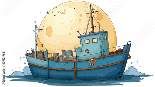 Serene Cartoon Drawing of a Boat with Full Moon in Background