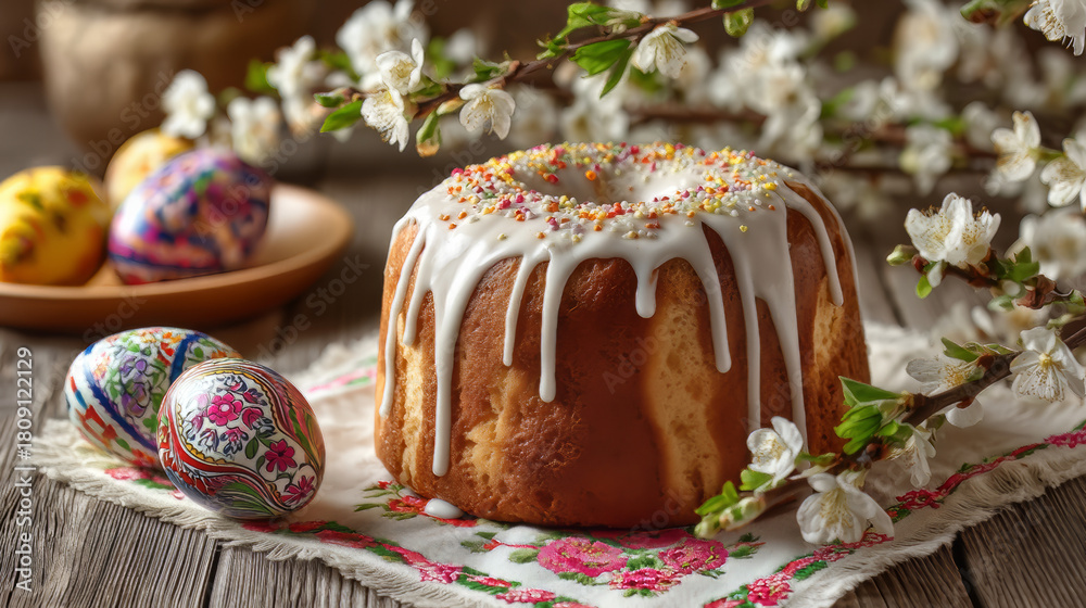 Obraz premium Tradycyjna babka świąteczna i dekoracje wielkanocne – inspiracje na Wielkanoc