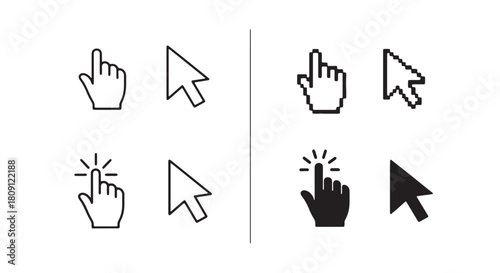 Cursor and pointer icon set simple line and solid vector design isolated on white background