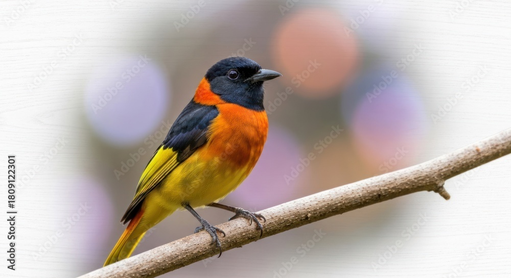 Fototapeta premium Vivid bird with orange breast, black head, yellow wings perched on a twig