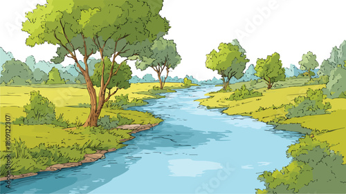 Scenic Cartoon River with Trees Vector Illustration for Design Projects