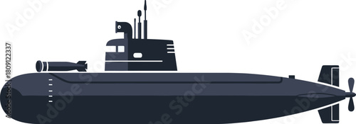 Side view illustration of a dark blue submarine with a torpedo and propeller, isolated on white.
