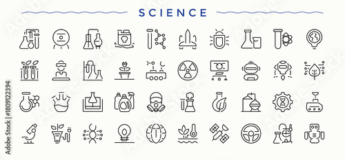 Science icon pack. Sign and Symbol. Research icon set in linear style. Contains such symbols as biotech, scientist, laboratory, chemistry, bio, research and more.