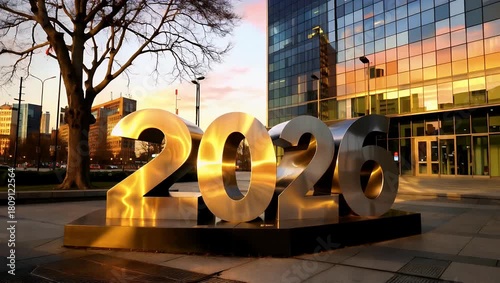 Outdoor urban sculpture featuring large metallic 2020 numerals in a modern plaza at dusk