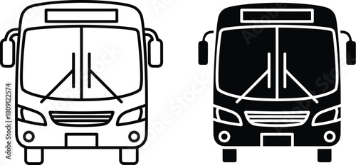 Two bus icons, one in black outline and the other in solid black, facing front.