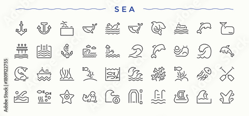 Set of Sea Beach line icon. Pictograms of summer, sea, sun, beach, vacation, seaside and more. Thin outline icons pack. River icon set. Editable stroke.
