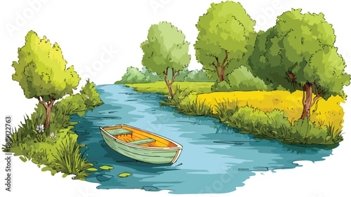 Whimsical Cartoon Illustration of Boat Floating on River with Trees