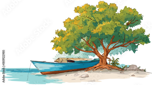 Boat Beach Tree Cartoon Illustration