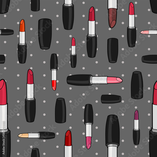 Vector seamless pattern with red lipsticks and caps on gray background with polka dot