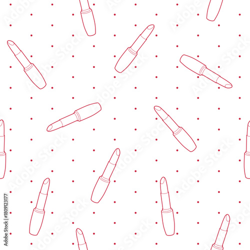Vector seamless pattern with red contour of lipsticks on white background with polka dot