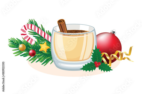 Glass of eggnog with cinnamon and christmas decoration on a white background vector illustration. Eggnog drink, holly, red bauble, christmas still life drawing. Christmas drink icon set
