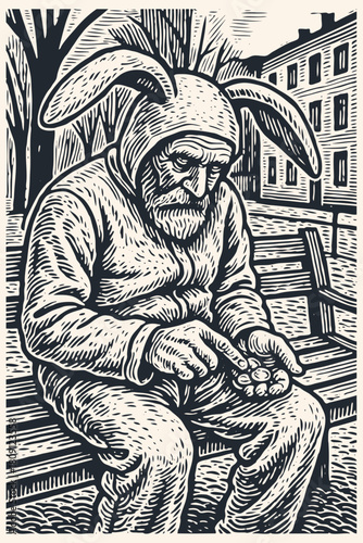 A sad old man in a bunny costume sitting on a park bench and counting coins. A retro woodcut style vector illustration about poverty and loneliness
