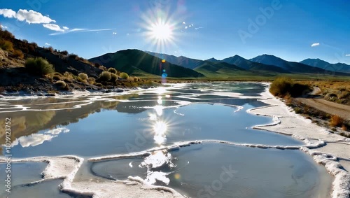 Salt flats reflecting sunlight with blue water and mountain backdrop natural landscape