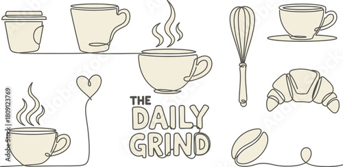 Minimalist line art illustration featuring coffee cups, a whisk, croissant, coffee bean, and the text "The Daily Grind".