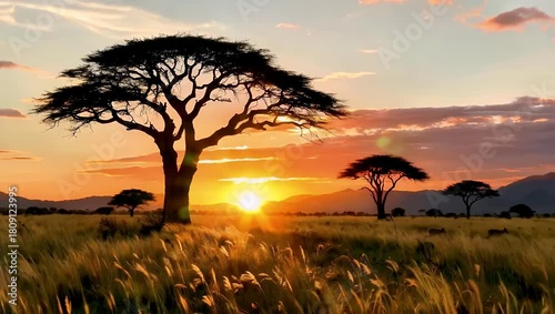 Savanna sunset landscape with acacia tree silhouetted by golden light and distant hills