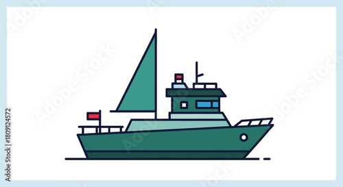 Illustration of a green sailboat with a triangular sail and a small flag, sailing on the water.
