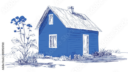 Blue House with Blue Roof and Plant Drawing for Real Estate and Architecture Projects